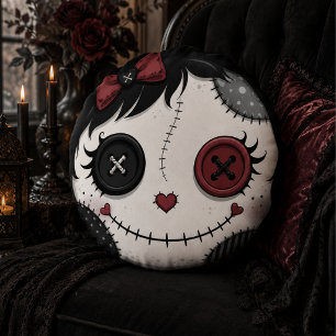 Gothic Button Eye Doll Face Pink Black Halloween Round Pillow