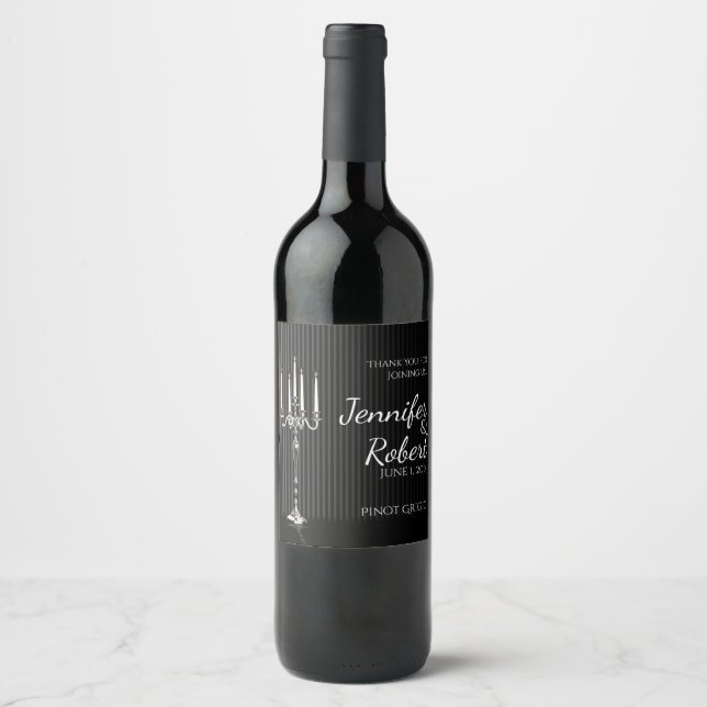 Gothic Candelabra on Black Wedding Wine Label (Front)