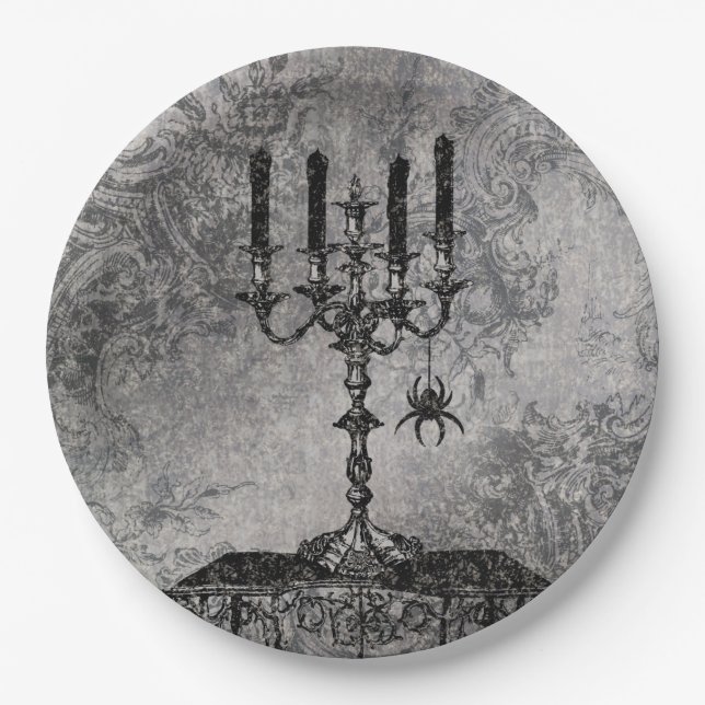 Gothic Candlestick with Spider, Halloween Paper Plate (Front)