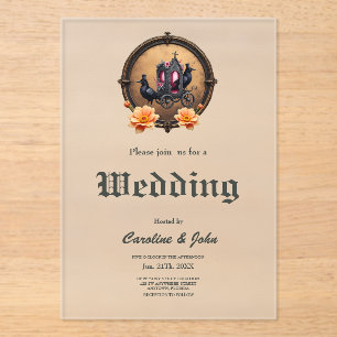 Gothic Carriage with Ravens and Roses.  Acrylic Invitations