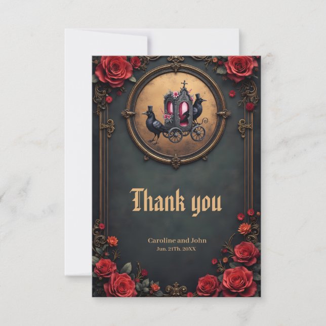 Gothic Carriage with Ravens and Roses.  Thank You Card (Front)
