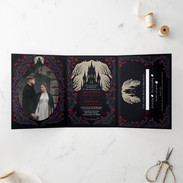 Gothic Castle Floral Halloween Wedding  Tri-Fold Invitation (Inside)
