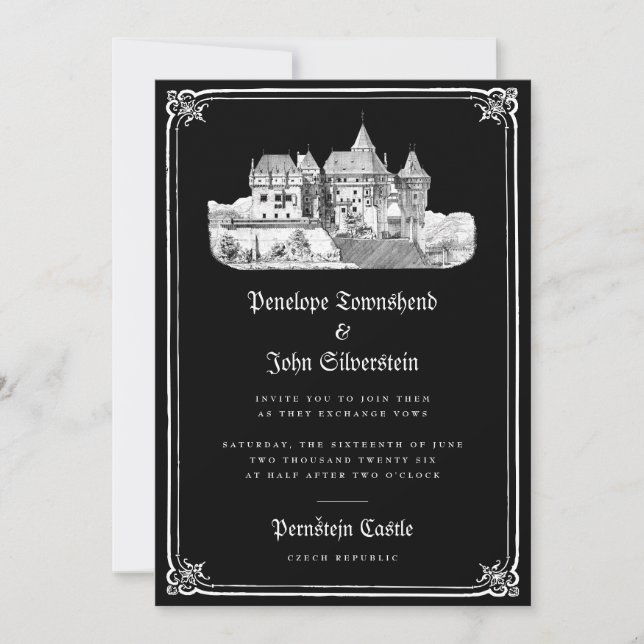 Gothic Castle Hand Drawn Border Black Wedding  Invitation (Front)