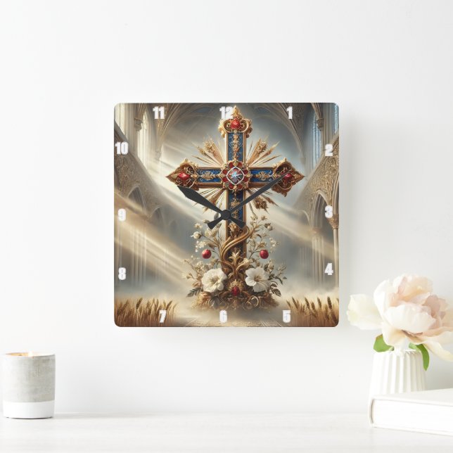 Gothic Cathedral Ornate Cross  Square Wall Clock (Home)