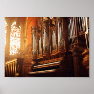 Gothic Cathedral Pipe Organ with Warm Sunlight Poster