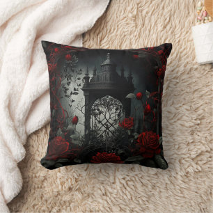 Gothic Cemetary Rose Garden with Red and Black Throw Pillow