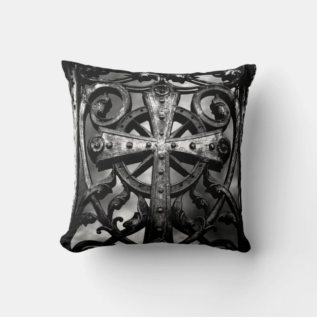 Gothic cemetery cross crypt door spooky throw pillow (Front)