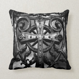 Gothic cemetery cross crypt door spooky throw pillow