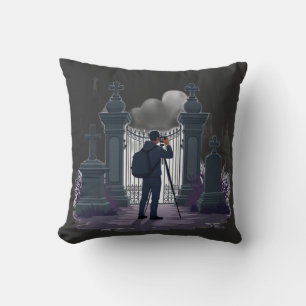 Gothic Cemetery Gate Silhouette Throw Pillow