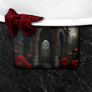 Gothic Cemetery Gazebo with Red Roses at Night Bath Mat