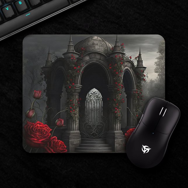 Gothic Cemetery Gazebo with Red Roses at Night Mouse Pad (Creator Uploaded)