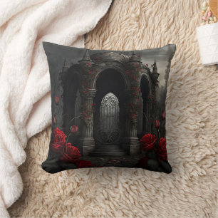 Gothic Cemetery Gazebo with Red Roses at Night Throw Pillow