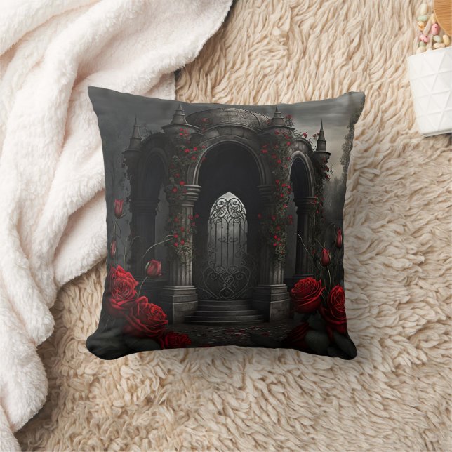 Gothic Cemetery Gazebo with Red Roses at Night Throw Pillow (Blanket)