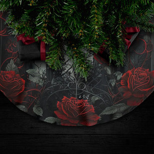 Gothic Cemetery Rose Garden with Red and Black Brushed Polyester Tree Skirt