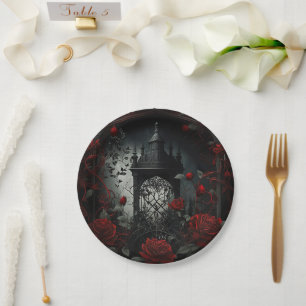 Gothic Cemetery Rose Garden with Red and Black Paper Plate