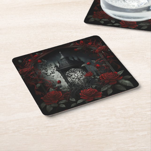 Gothic Cemetery Rose Garden with Red and Black Square Paper Coaster (Angled)