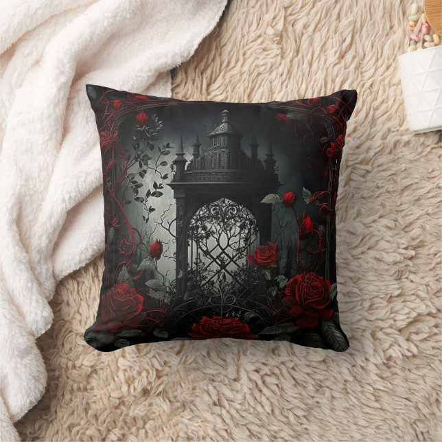 Gothic Cemetery Rose Garden with Red and Black Throw Pillow (Blanket)
