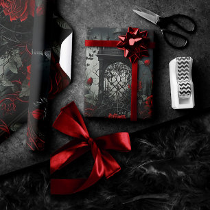 Gothic Cemetery Rose Garden with Red and Black Wrapping Paper