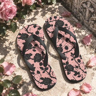 Gothic Cemetery Roses Pink & Black Flip Flops