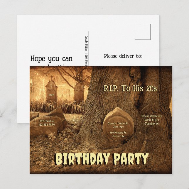 Gothic Cemetery Tombstones RIP To His 20s Birthday Invitation Postcard (Front/Back)