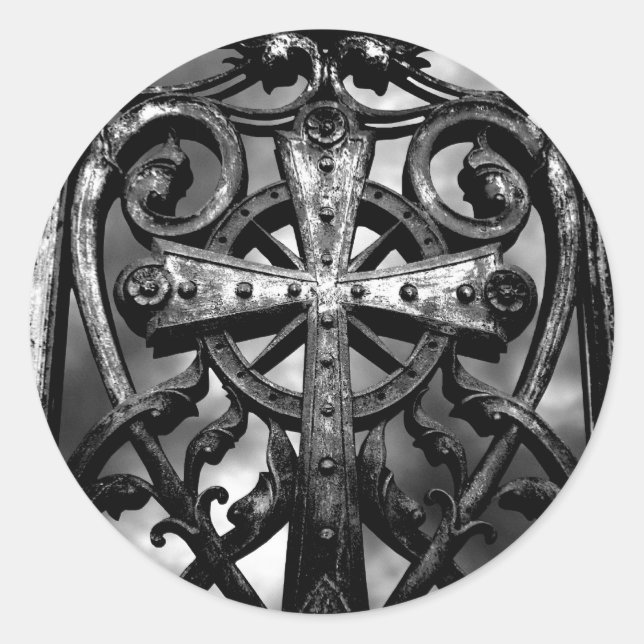 Gothic cemetery wrought iron celtic cross in heart classic round sticker (Front)