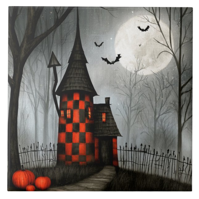Gothic Chequerboard Halloween Tower Tile (Front)