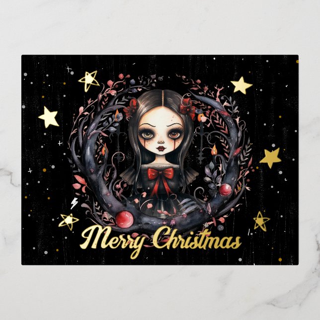 Gothic Christmas Girl Foil Holiday Postcard (Front)