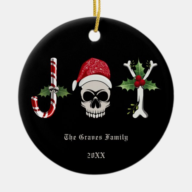 Gothic Christmas JOY Skull Ceramic Ornament (Front)