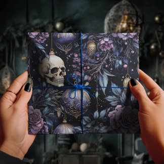 Gothic Christmas Pink & Purple Floral Skulls Wrapping Paper