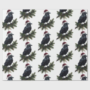 Gothic Christmas Raven Wearing Santa Hat Holiday Wrapping Paper