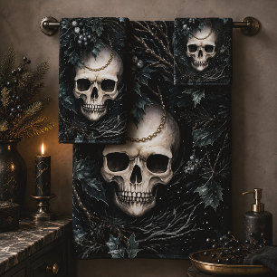 Gothic Christmas Skull & Holly Bath Towel Set