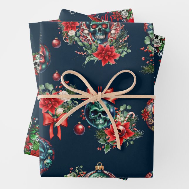 Gothic Christmas Skull Wrapping Paper (In situ)