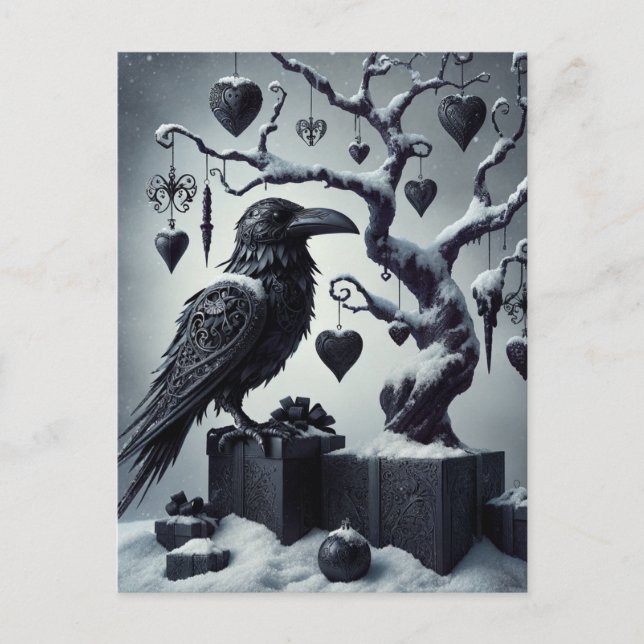 Gothic Christmas Tree With Black Hearts and Raven Postcard (Front)