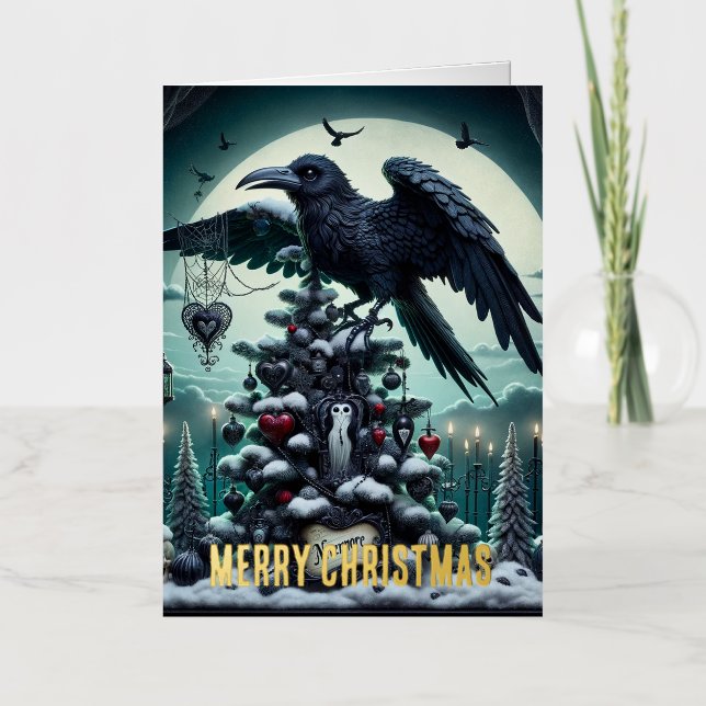 Gothic Christmas Tree With Hearts and Ravens Foil Greeting Card (Front)