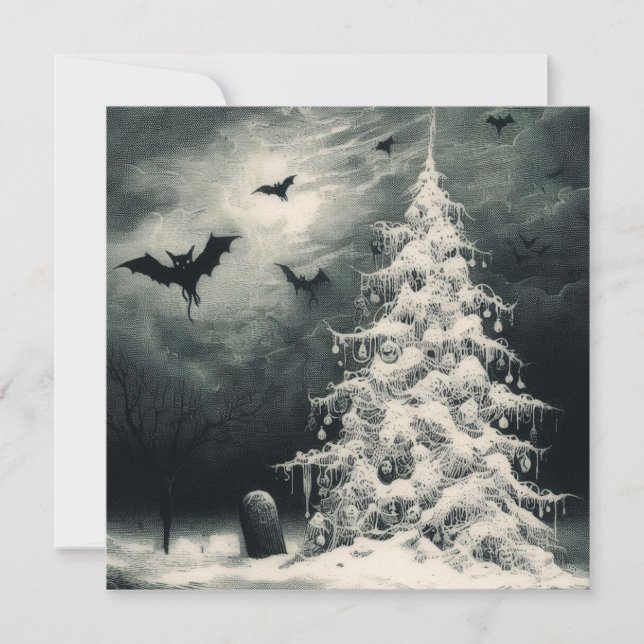 Gothic Christmas Tree with Spooky Bats Horror Holiday Card (Front)