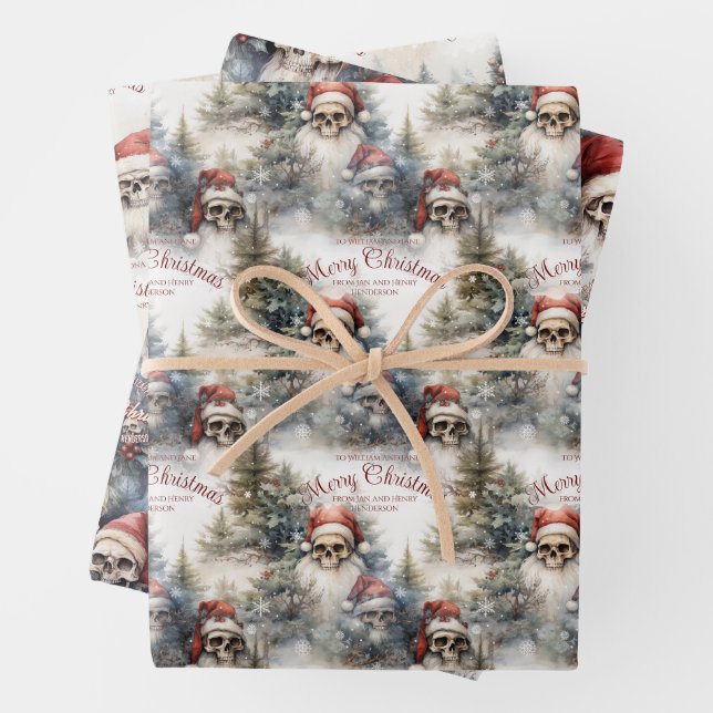 Gothic Christmas Winter Scene Skulls in Santa Hats Wrapping Paper Sheet (In situ)