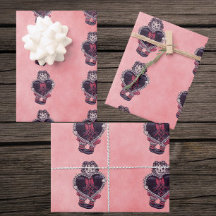 Gothic Cloth Dolls Big black Heart Bow Pinks Wrapping Paper Sheet
