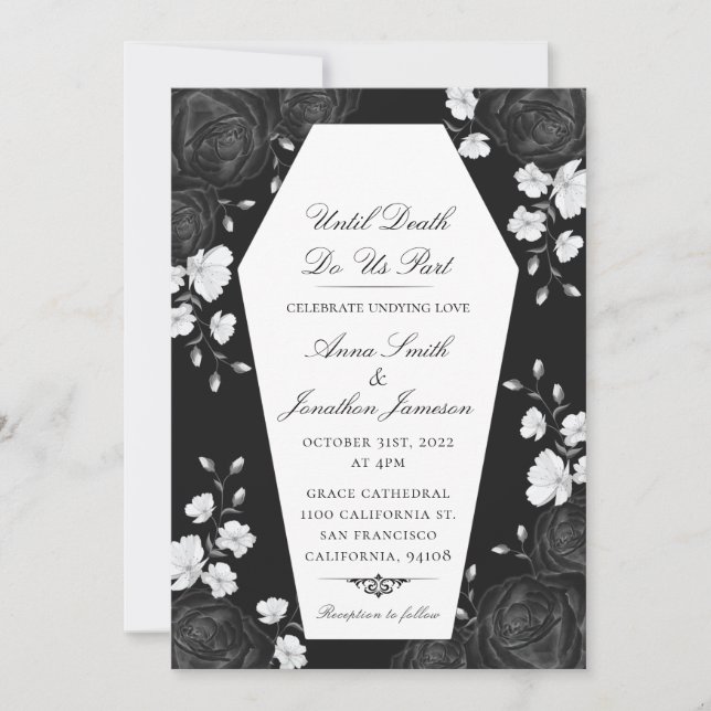 Gothic Coffin Invitation with Elegant Black Roses (Front)