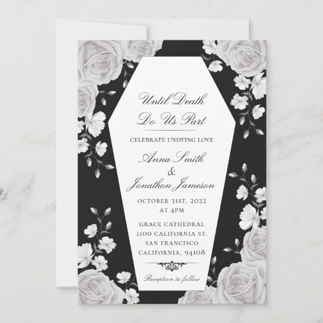 Gothic Coffin Invitation with Elegant White Roses (Front)