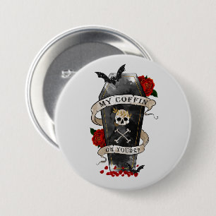 Gothic Coffin & Skull with Red Rose 3 Inch Round Button