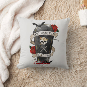 Gothic Coffin & Skull with Red Rose Throw Pillow