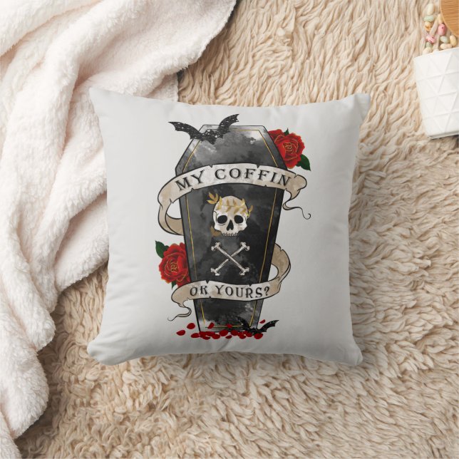 Gothic Coffin & Skull with Red Rose Throw Pillow (Blanket)