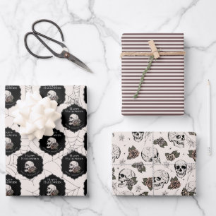 Gothic Cream Skulls and Stripes Halloween Wrapping Paper Sheet