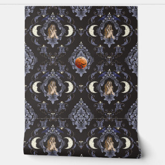 Gothic Crescent Moon Maiden Blue Damask Wallpaper