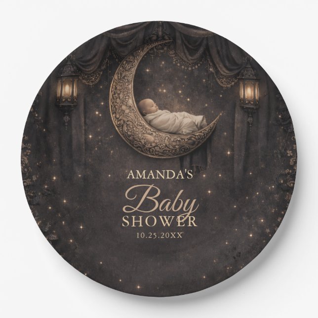 Gothic Crescent Moon Stars Baby Shower Paper Plate (Front)