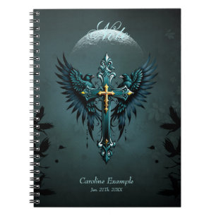 Gothic cross with decorative elements and birds. notebook