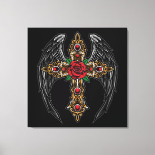 Gothic Cross with Flowers and Wings Canvas Print
