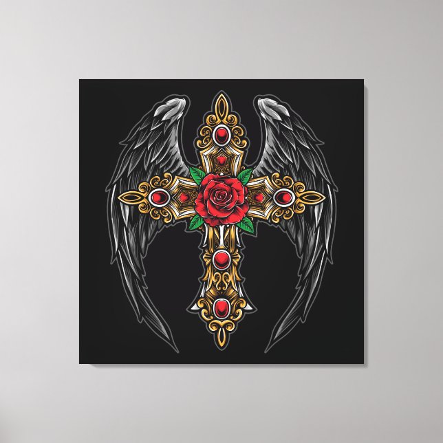 Gothic Cross with Flowers and Wings Canvas Print (Front)
