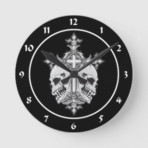 Gothic Cross with Skulls Round Clock