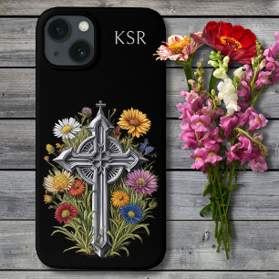 Gothic Cross with Wildflowers Monogram iPhone 13 Case